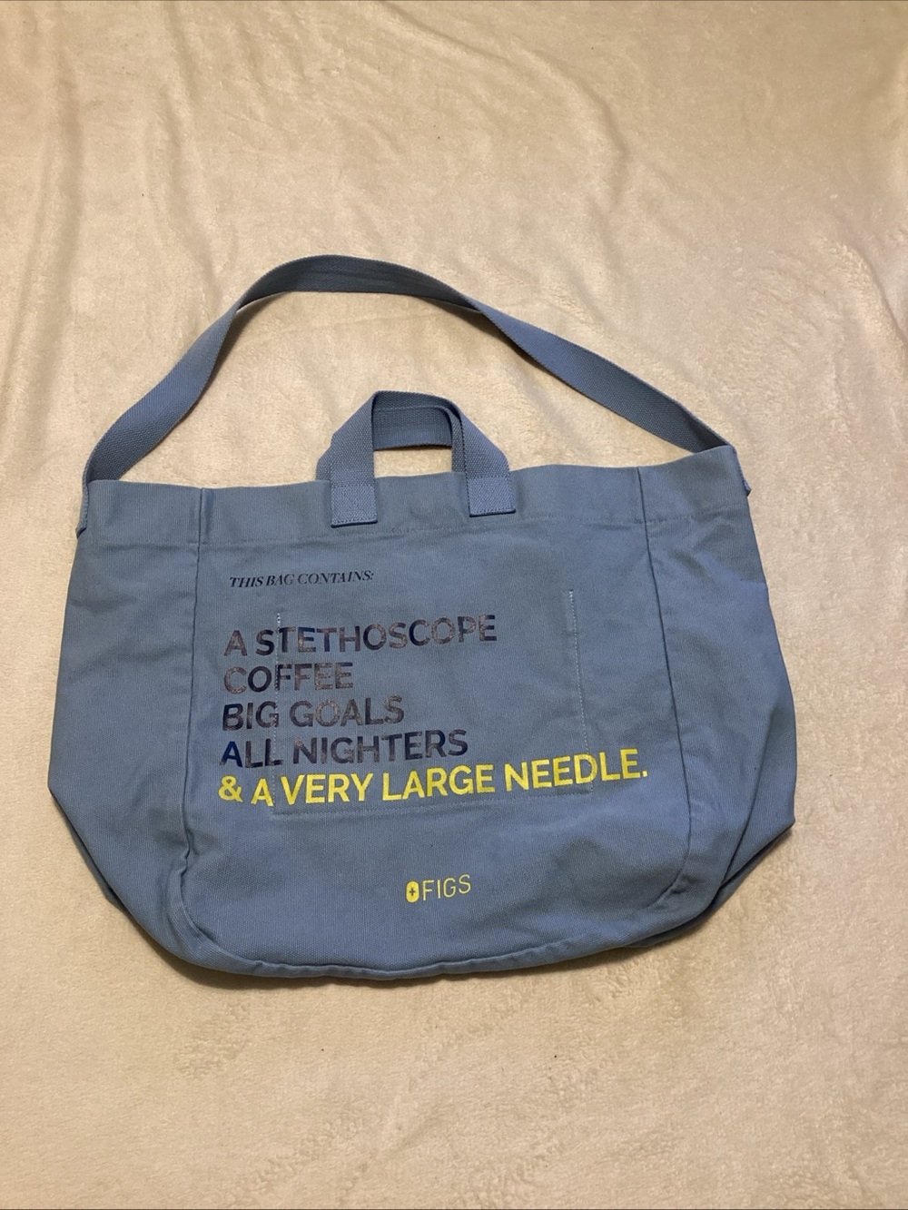 FIGS Slate Blue Canvas Messenger Tote with Yellow Accent